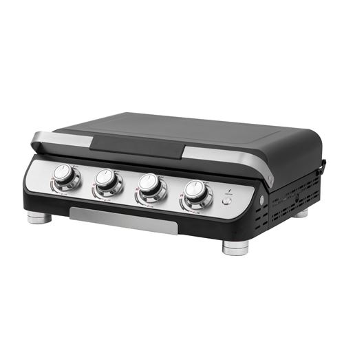 Modern 4 Burner Gas Plancha with Lid - Enameled Steel Griddle & LED Controls 10kw Power