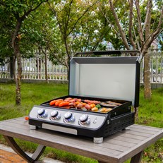 Modern 4 Burner Gas Plancha with Lid - Enameled Steel Griddle & LED Controls 10kw Power
