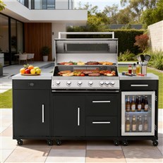 6 Burner Gas Grill BBQ with Full Kitchen Set - Fridge and Cover Included
