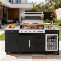 6 Burner Gas Grill BBQ with Full Kitchen Set - Fridge and Cover Included
