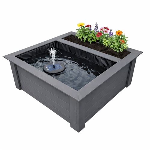 Raised Square Solar Garden Pond & Pump Kit with Planting Zone in Grey