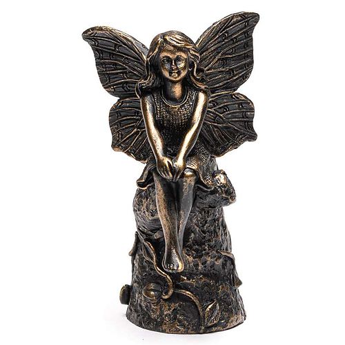 Antique Bronze Fairy Sitting on a Tree Stump Cane Companion